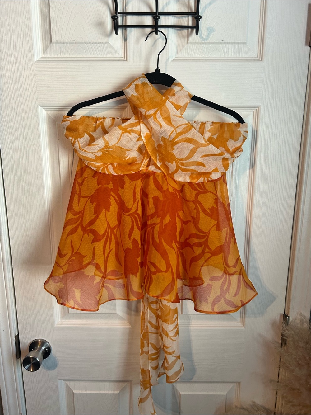 Misa Los Angeles Orange and White Floral Halter Top